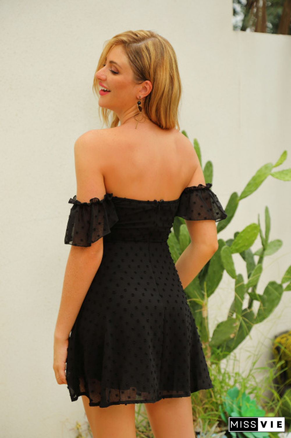 Off Shoulder Cut Out Ruched Drawstring Front Swiss Dot Shirred Sexy Dress