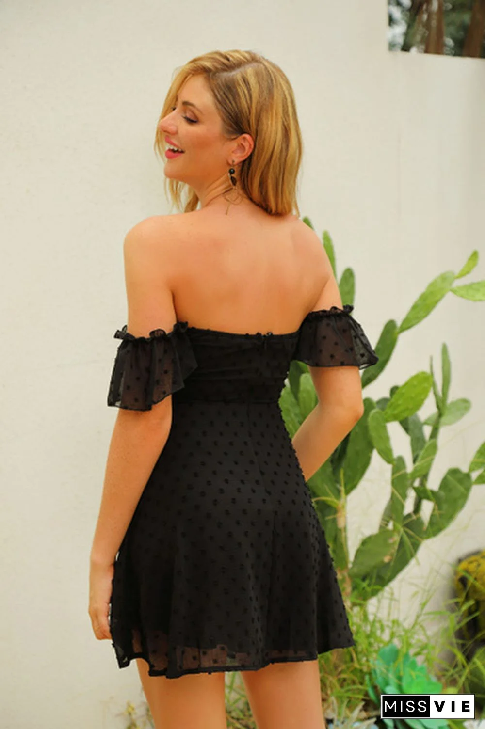 Off Shoulder Cut Out Ruched Drawstring Front Swiss Dot Shirred Sexy Dress