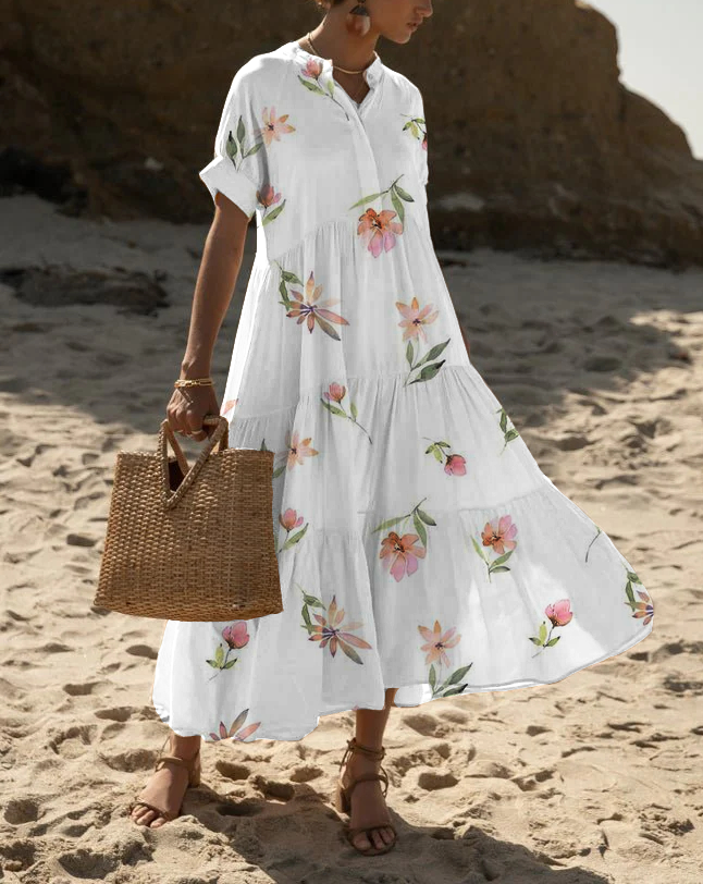 Women's Short Sleeve Beach Loose Floral Print Dress Large Hem Long Skirt socialshop
