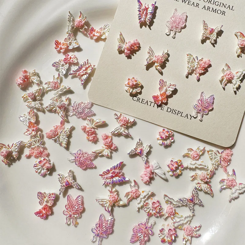Plantieparty 50pcs Pink&White Nail Charms Resin Butterfly Multi Size Mixed Nail Art Decoration for Manicure DIY Accessories Butterfly Flower