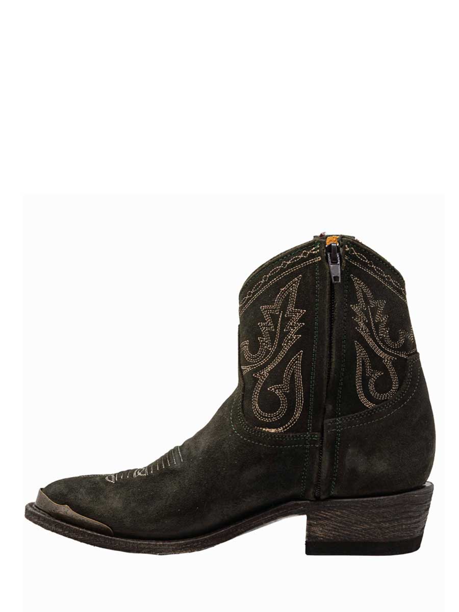 Dark Green Round Toe Chunky Heel Embroidered Side Zipped Ankle Boots