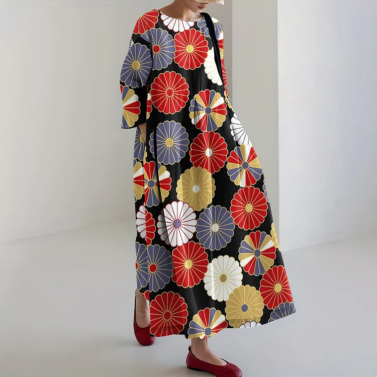 Comstylish Japanese Art Print Loose Midi Dress