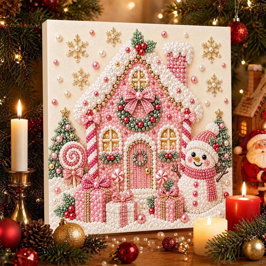 Framed Pearl Painting Kit Christmas Snowman Cottage 7.87x7.87in