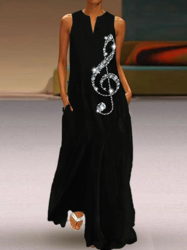 Classy Glitter Treble Clef Notch Neck Flowy Maxi Dress