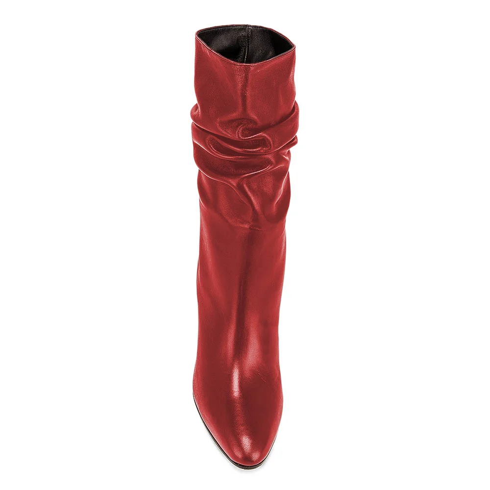 Red Vegan Leather Pointed Toe Chunky Heel Mid Calf Slouch Boots