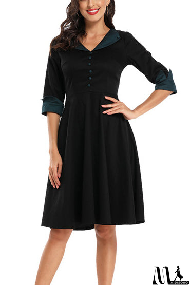 MidiSono - Colorblock Buttoned Cuffed Sleeve Prom Dress