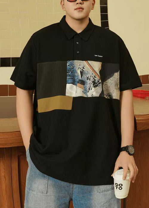 VCSHOES Loose Black Print Button Cotton Men Polo Shirt Summer