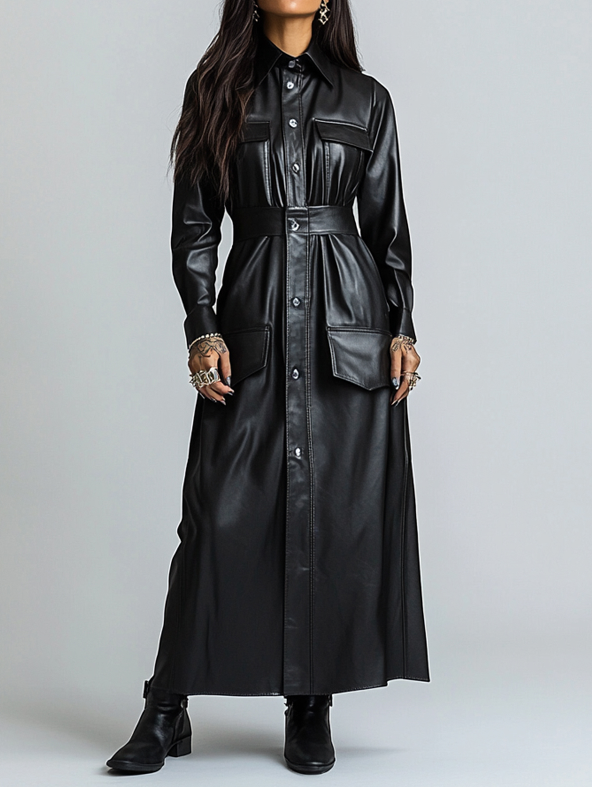 Ursime PU Leather Long Sleeve Button Up Maxi Shirt Dress