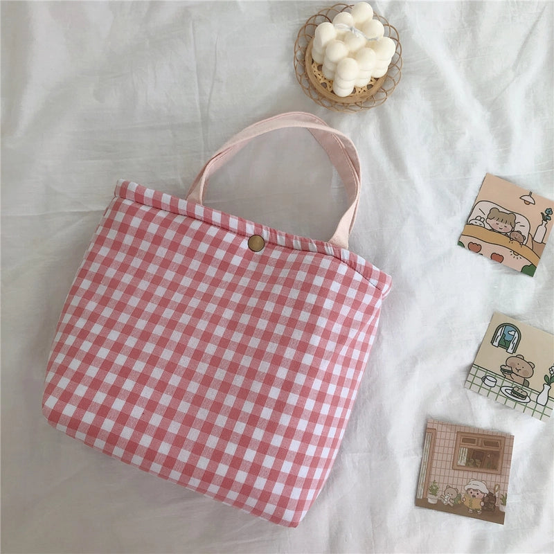 Plaid Portable Lunch Bag With Thickened Aluminum Film Hand Carrying Small Square Bag Cotton Bag Breakfast Bag Mummy Bag Plaid Bag