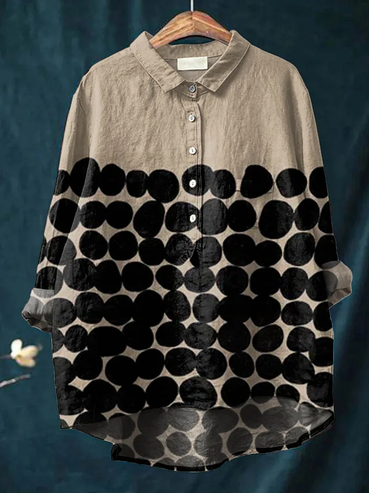 Women s Retro Art Geometric Pattern Casual Cotton And Linen Shirt