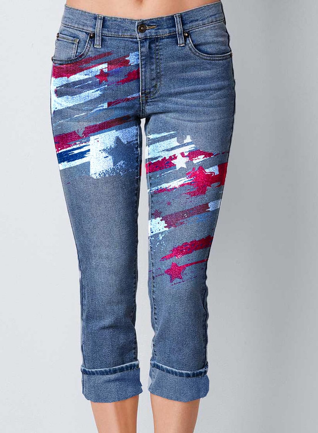 Women's Jeans Flag Print Mid Waist Capris Jeans
