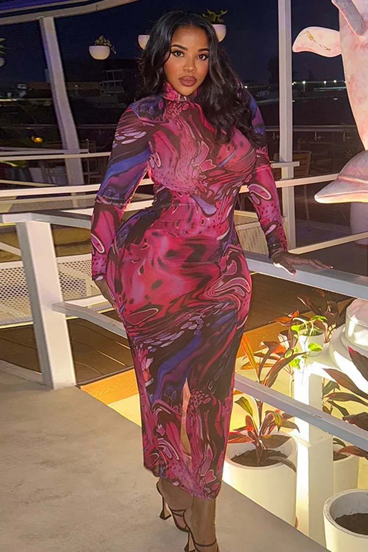 abstract dresses long sleeve Abstract All Over Print Mock Neck Long Sleeve Bodycon Party Maxi Dresses-Red