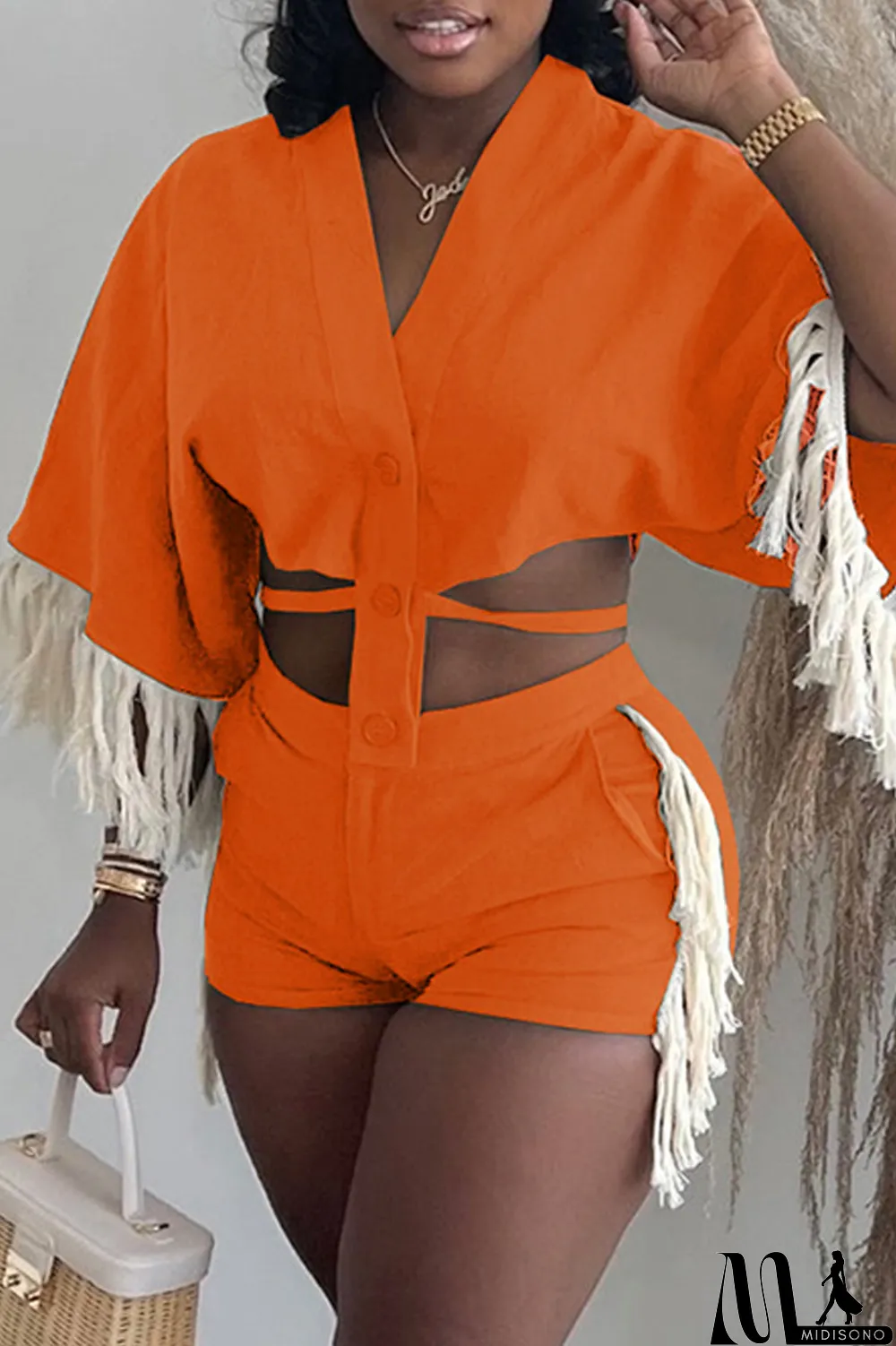 MidiSono - Orange Fashion Casual Solid Tassel Split Joint Frenulum V Neck Half Sleeve Two Pieces