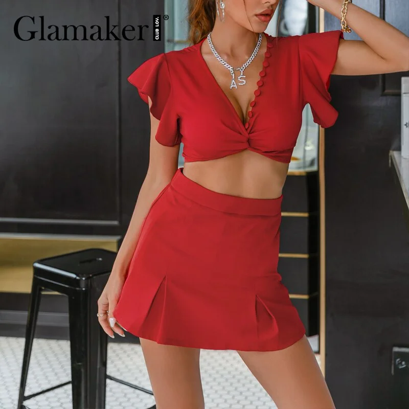 Glamaker Red two piece suit Ruffles women fashion crop top and A-line shorts Elegant sexy vintage summer playsuits 2021 new