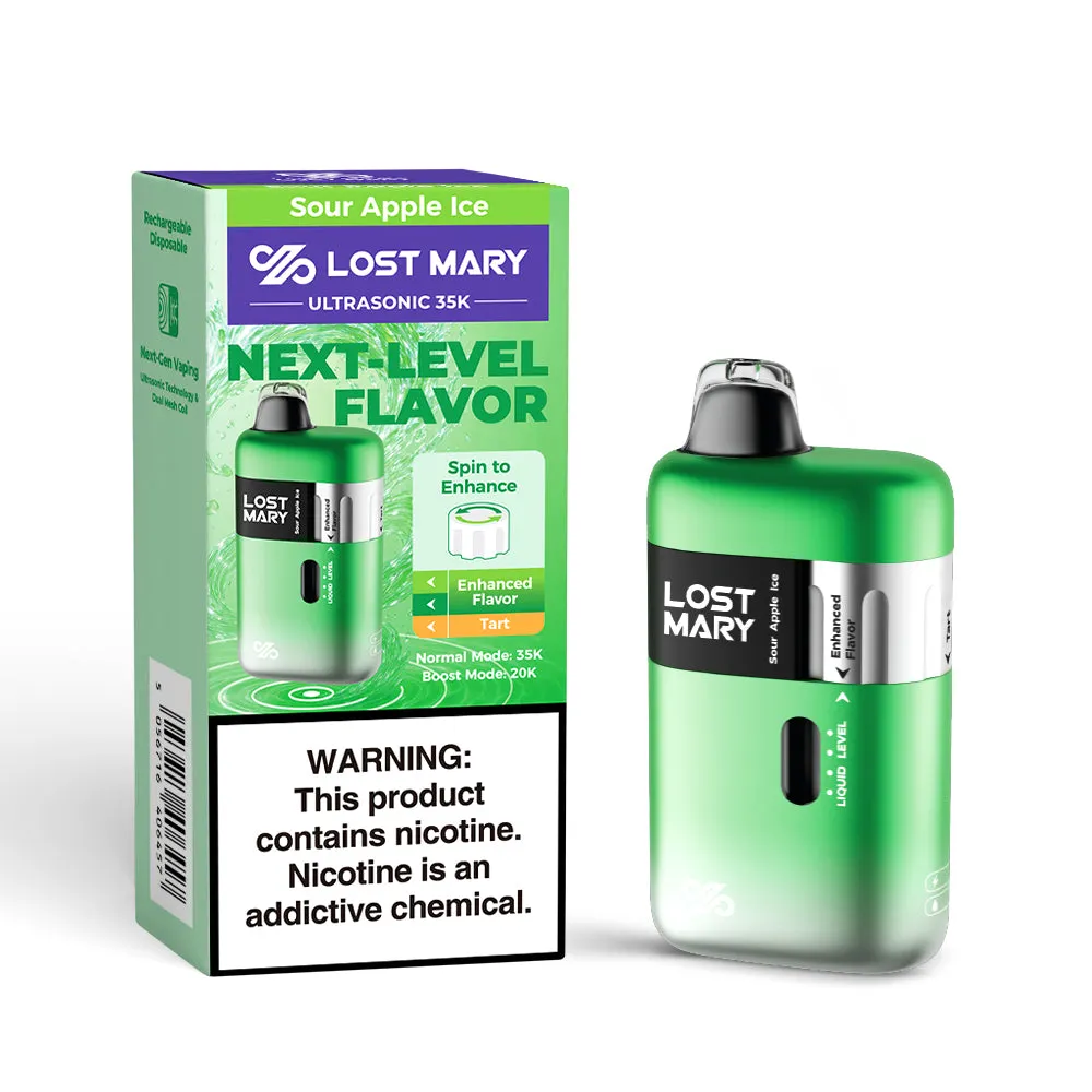 LOST MARY ULTRASONIC 35K disposable vape, Sour Apple Ice, ultrasonic, green.