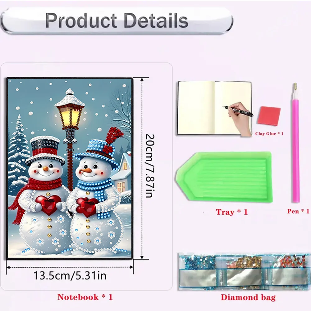 2pcs 50-Page A5 Snowman Santa Claus Diamond Painting Notebook for Adults Gift