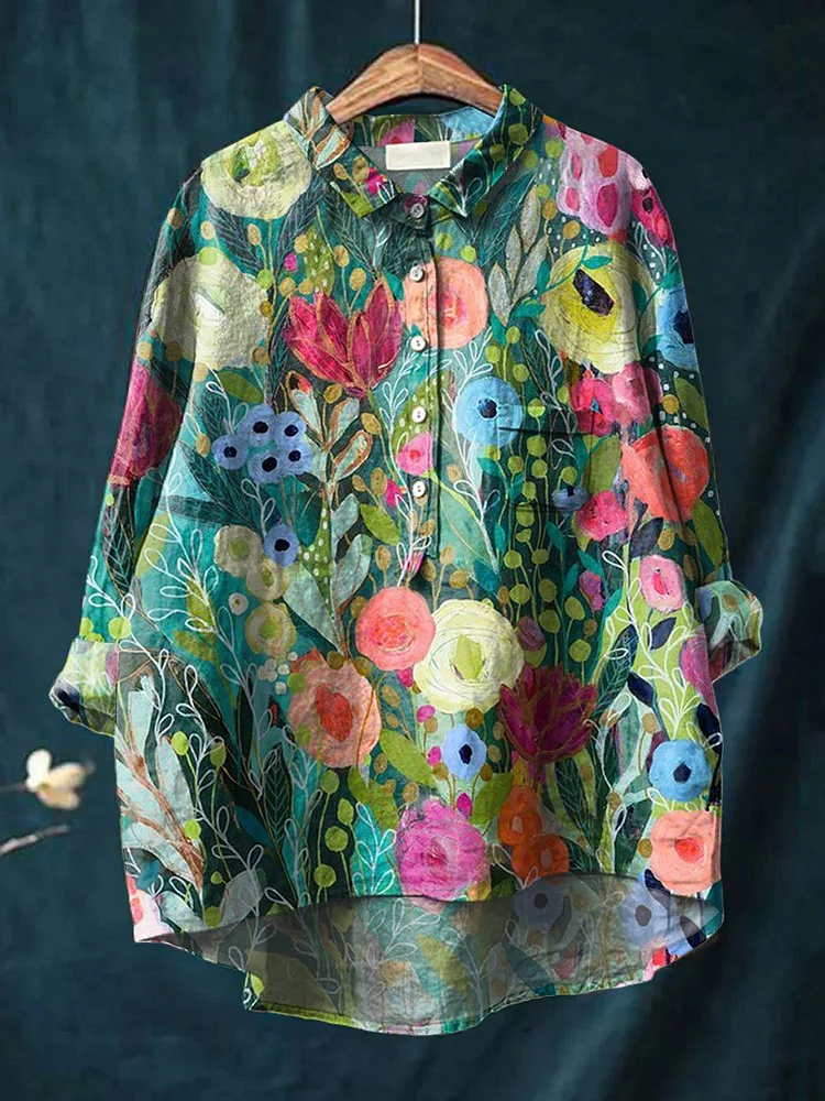 Women's Flower Print Casual Cotton And Linen Shirt