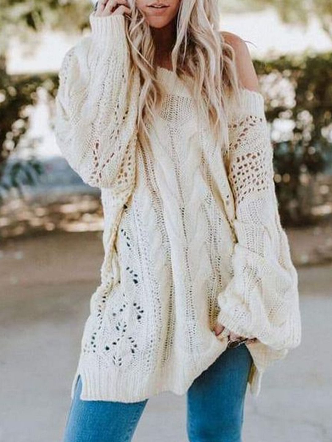 Hollowed Long Sleeve Knitted Off Shoulder Patchwork Sweater | EGEMISS
