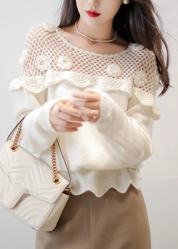 Floral White Hollow Out Patchwork Cotton Knit Top Long Sleeve