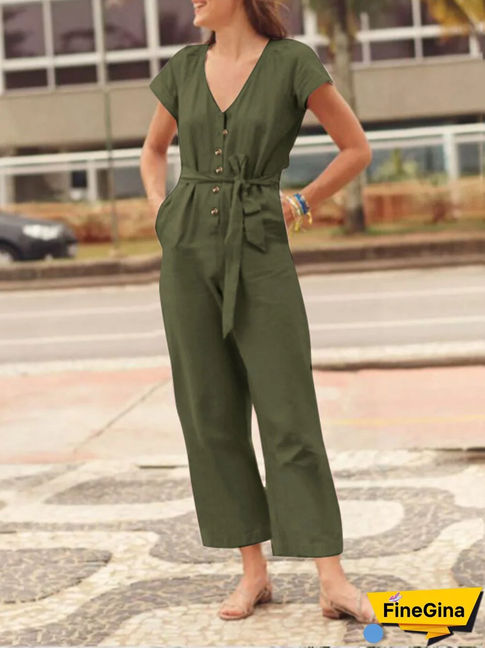 Solid Pocket Belt V-neck Short Sleeve Button Front Jumpsuit