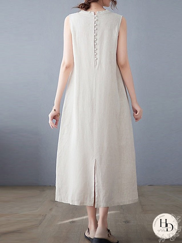 Cotton Linen Dress Casual Dress Midi Dress Linen Cotton Blend Basic Modern Outdoor Daily Vacation Stand Collar Pocket Sleeveless Summer Spring Loose Fit Navy Blue Apricot Plain M L XL 2XL for Women