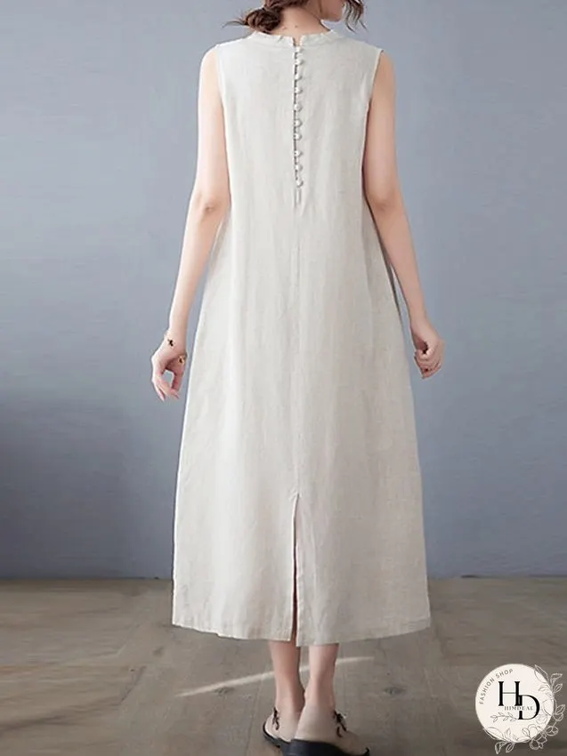 Cotton Linen Dress Casual Dress Midi Dress Linen Cotton Blend Basic Modern Outdoor Daily Vacation Stand Collar Pocket Sleeveless Summer Spring Loose Fit Navy Blue Apricot Plain M L XL 2XL for Women