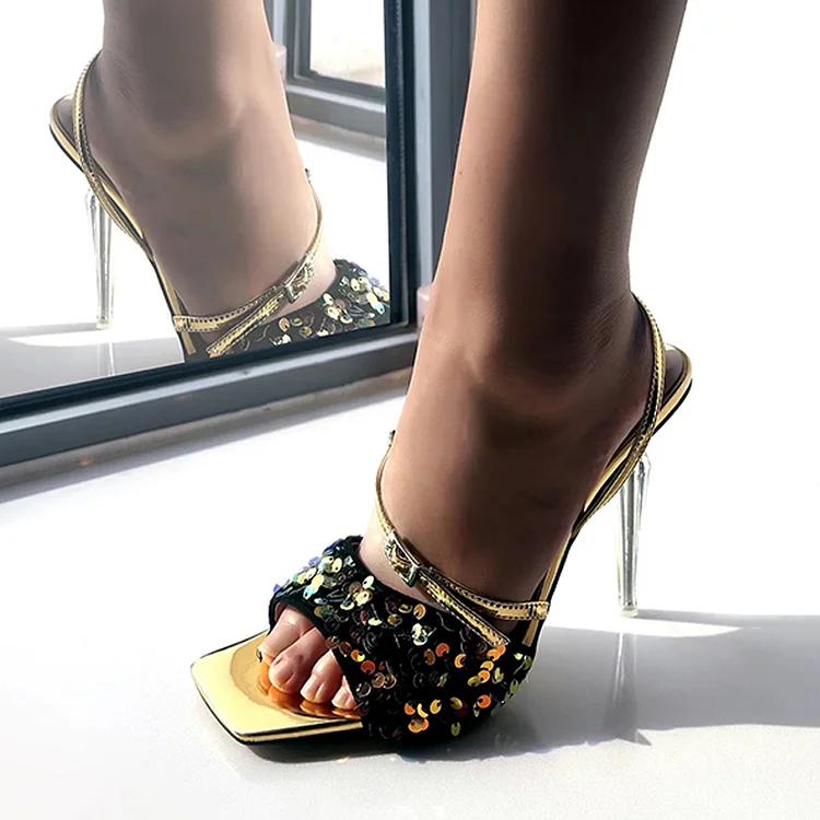 Gold and Black Sequin Slingback Stiletto Heels for Evening with Clear Square Toe Vdcoo