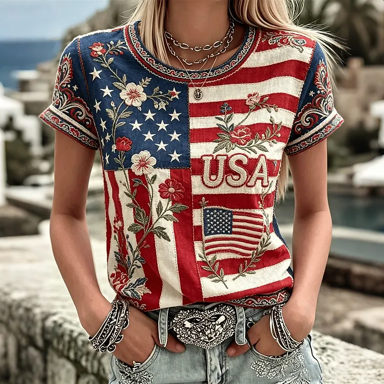 Women's Vintage Anniversary Flag Flower Art Print Linen Blend Casual T-shirt