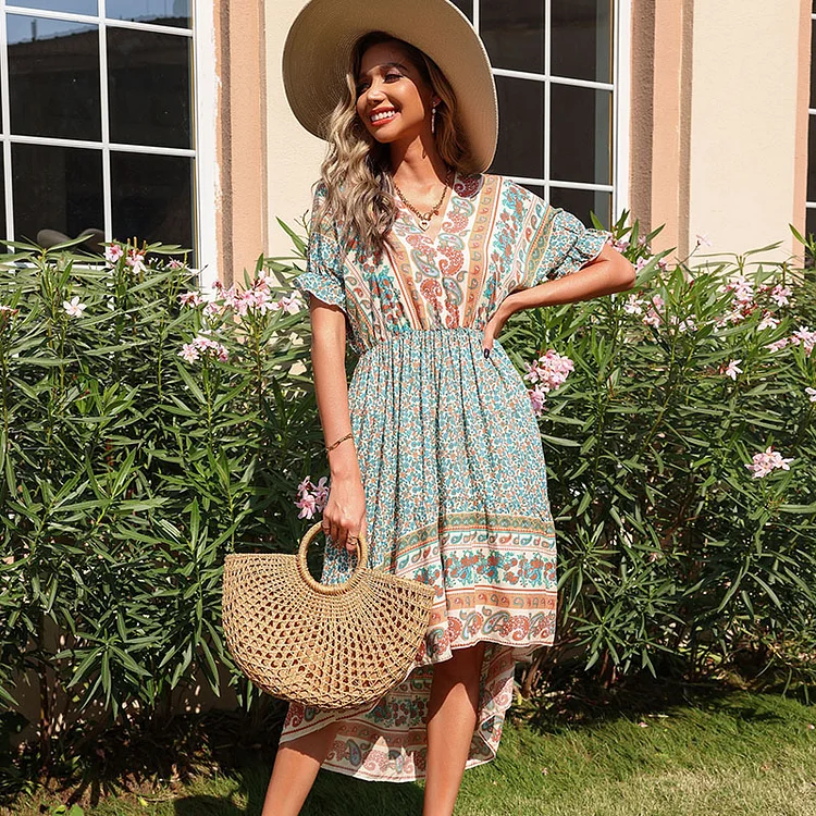 New Printed Boho V-Neck Irregular Loose Sexy Beach Vacation Dress