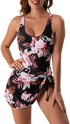 Women's Floral One Piece Swimdress Tummy Control Swimsuit 