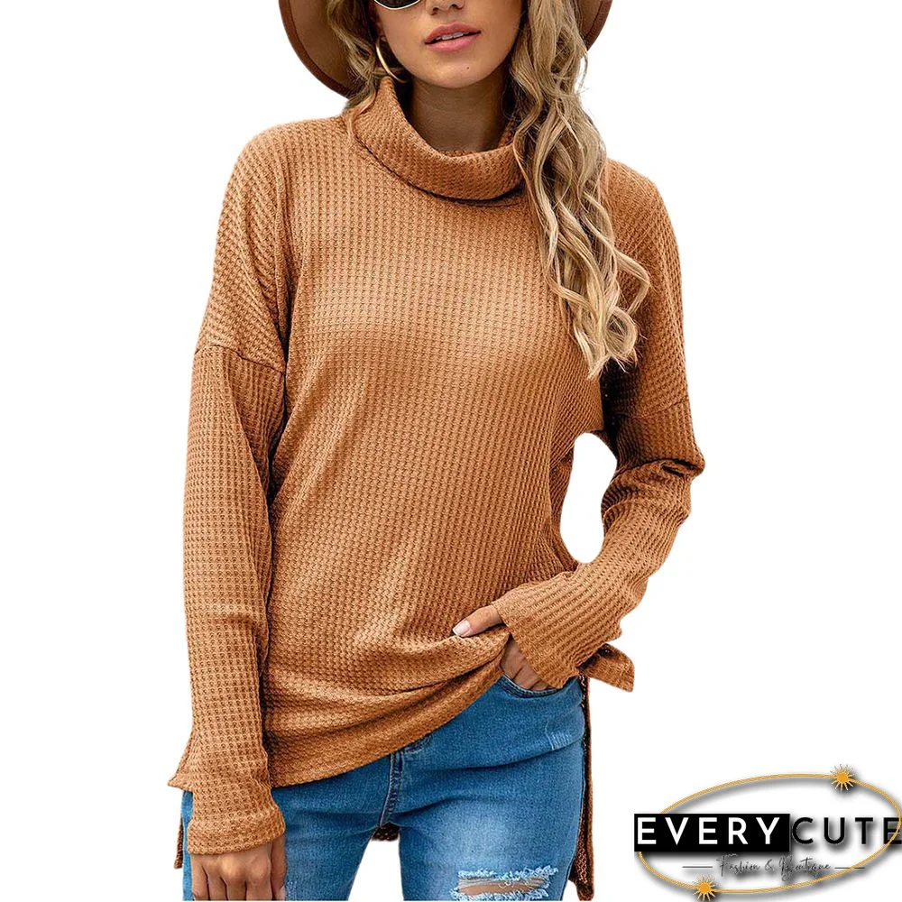 Khaki Waffle High Neck Long Sleeve Tops