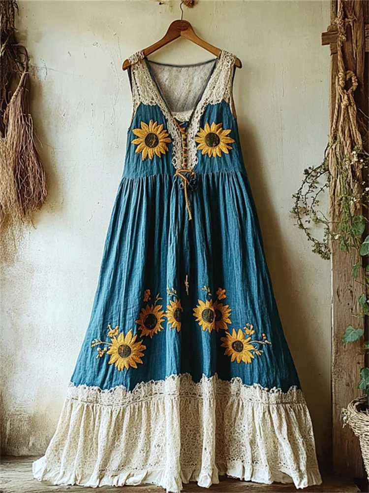 Boho Sunflowers Embroidered Lace Patchwork Linen Dress