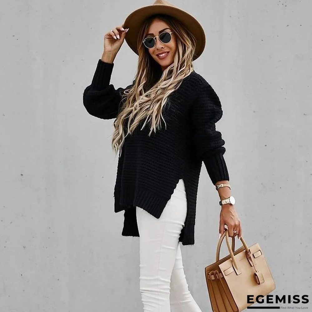 Half High Neck Loose Solid Color Long Sleeve Side Split Knitted Sweater | EGEMISS