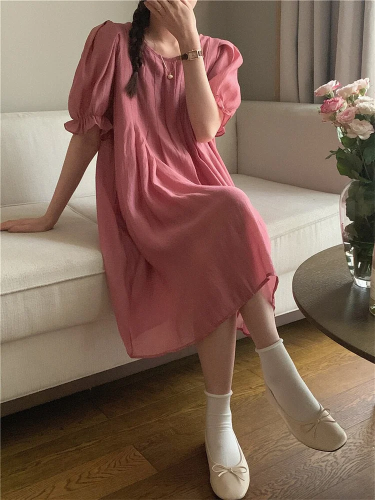 Stylish Solid Color Round Neck With Pleated Puff Sleeve Dress 