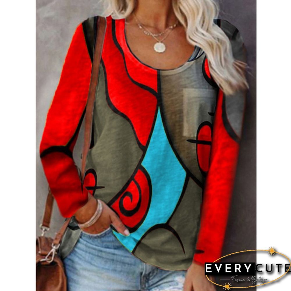 New Autumn and Winter Women's Casual Blouses Long-sleeved T-shirt Stitching Color Printed Tops Plus Size