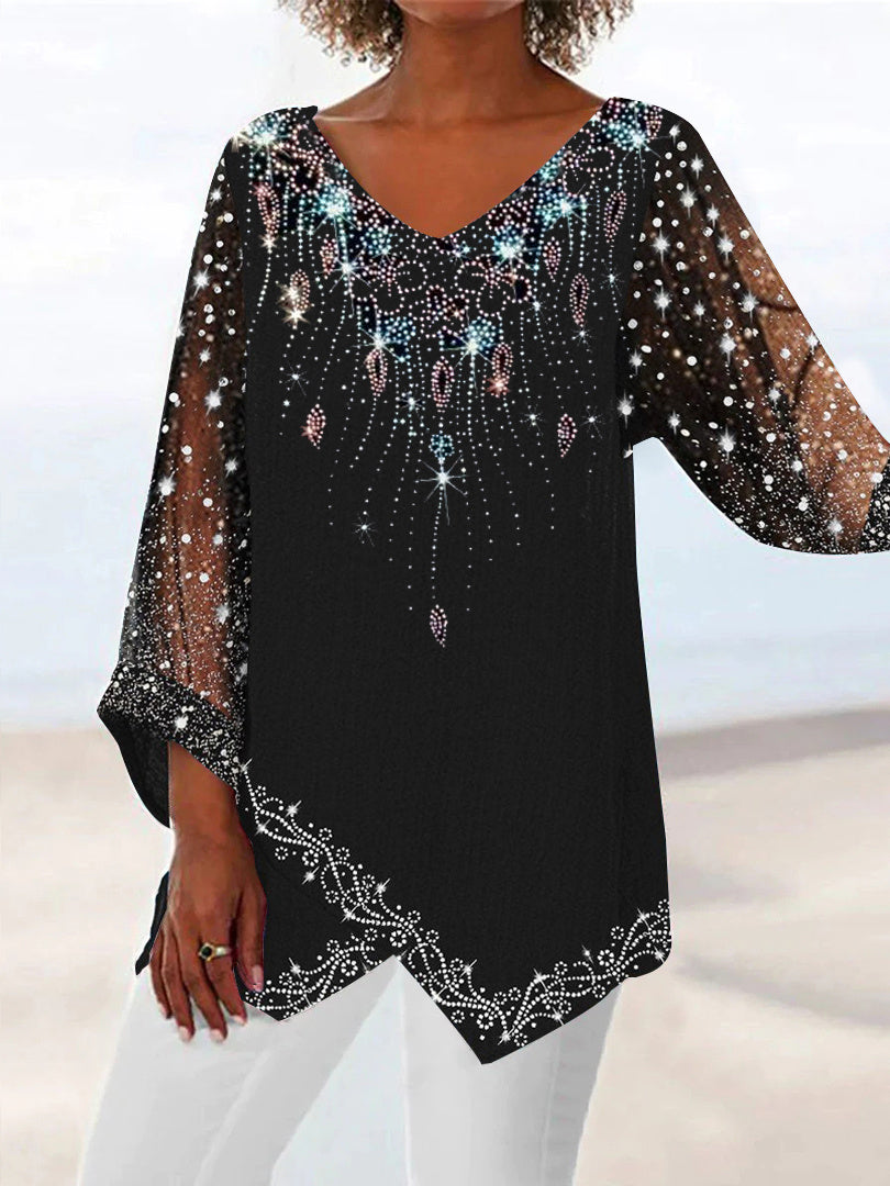 Women Asymmetrical 3/4 Sleeve V-neck Graphic Printed Lace Top