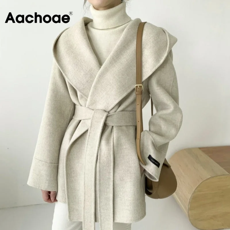 Aachoae Women Solid Color Wool Coats With Belt Long Sleeve Hooded Pockets Coats Female Chic Elegant Outerwear