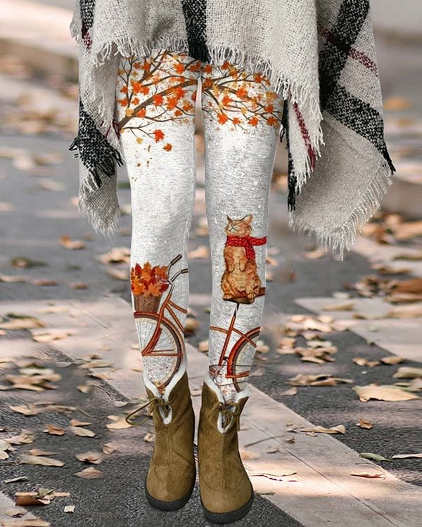 Autumn Cat Maple Print Leggings
