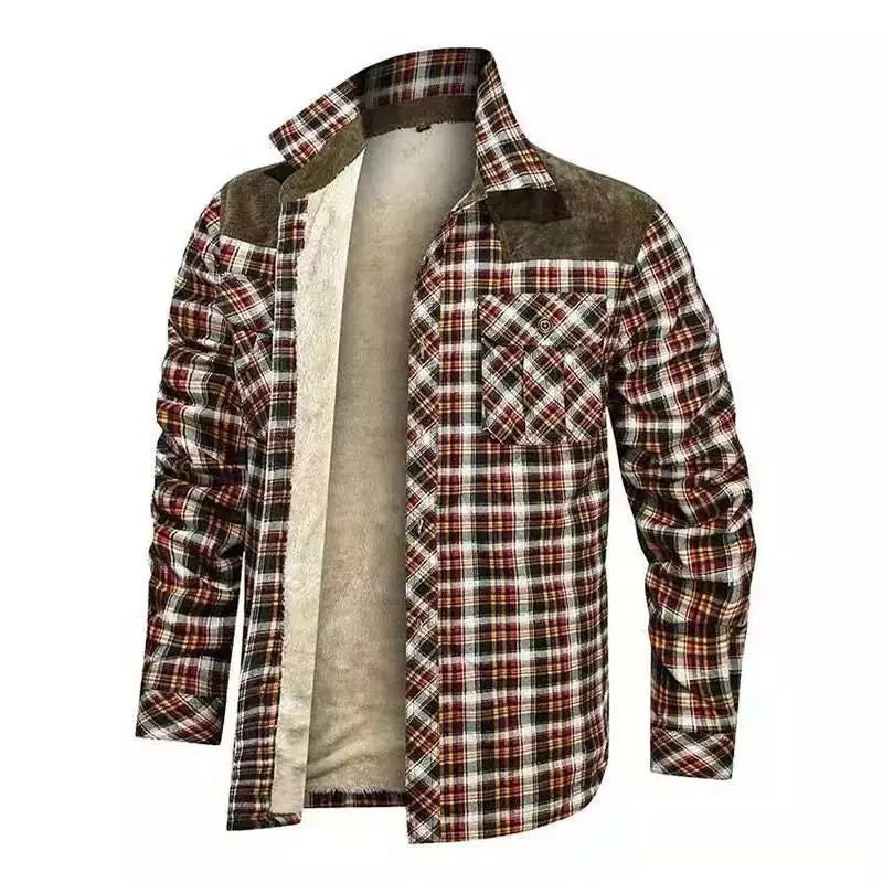 Winter Sherpa Lined Plaid Flannel Shirt Jacket For Men