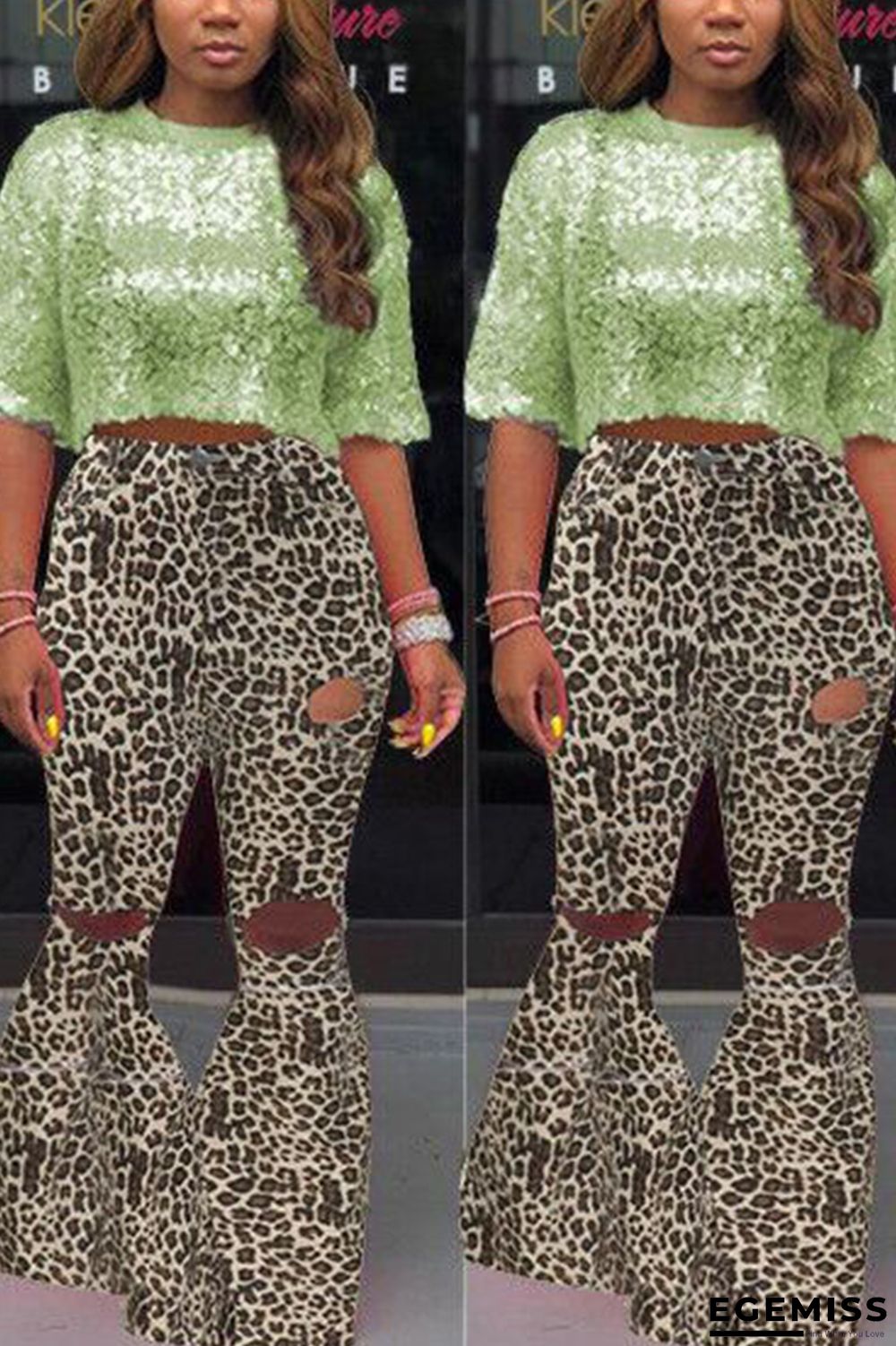 Beige Fashion Camouflage Print Flared Trousers | EGEMISS