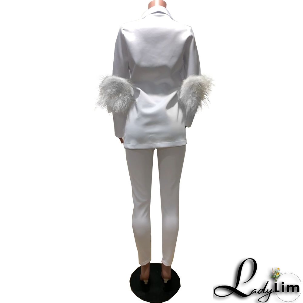 Fall Women Feather Blazer and Pant Two Piece