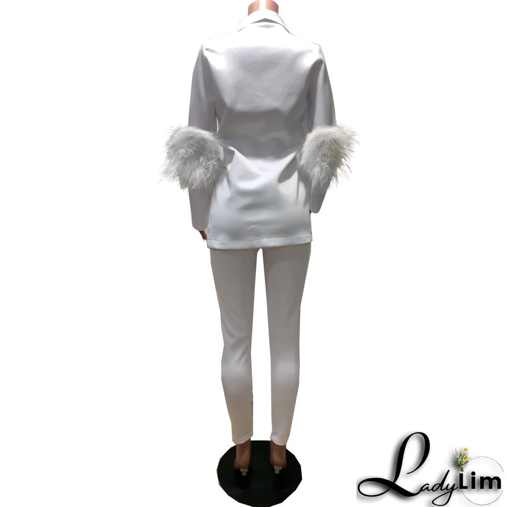 Fall Women Feather Blazer and Pant Two Piece