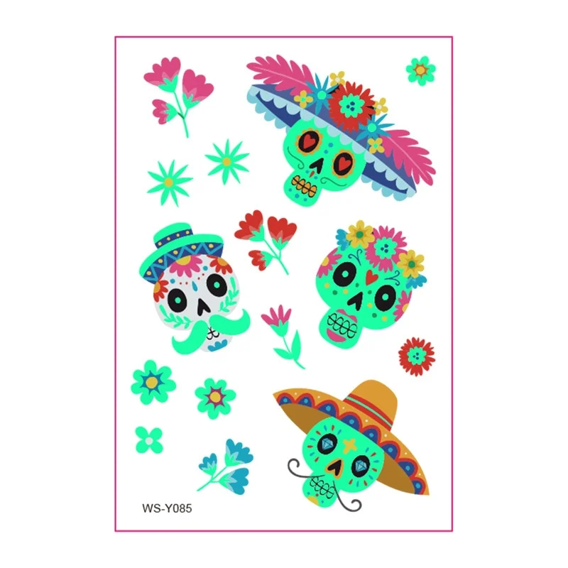 New Day of the Dead Luminous Fluorescent Tattoo Sticker Children's Cartoon Waterproof Guitar Halloween Skull Tattoo