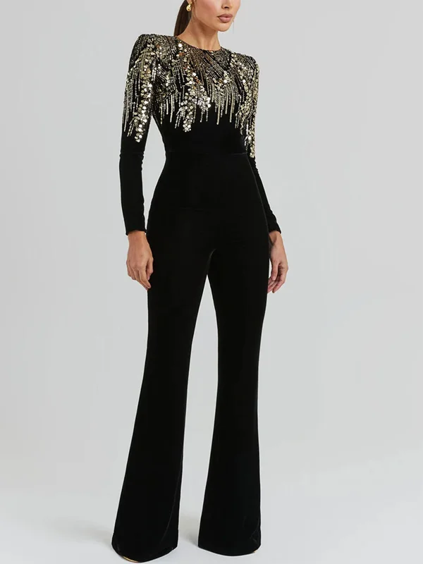 Round Neck Sequined Color Block Long Sleeve Jumpsuit