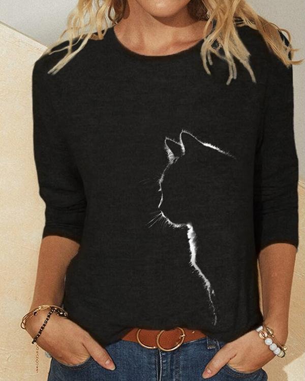 Cat Print Long Sleeves O-neck Casual T-shirt For Women