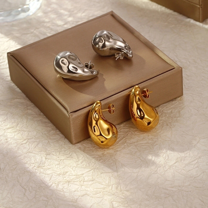 1 Pair Minimalist Shiny Water Droplets Polishing Pleated 316L Stainless Steel  18K Gold Plated Ear Studs