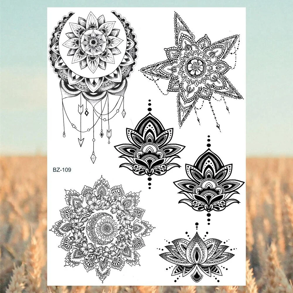 Black Henna Lotus Pendant Underboob Mandala Feather Temporary Tattoos For Women Adult Butterfly Whale Fake Tattoo Arm Tatoo