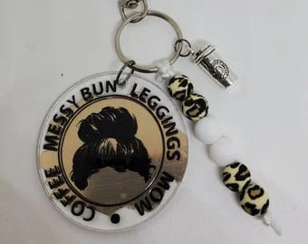 pornhint Pornhint Coffee, Messy Bun, Leggings, Mom Keychain, Leopard Print Bead Keychain