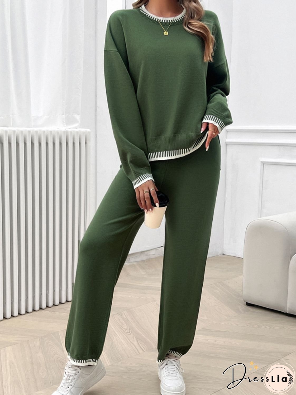 Round Neck Dropped Shoulder Top and Pants Sweater Set