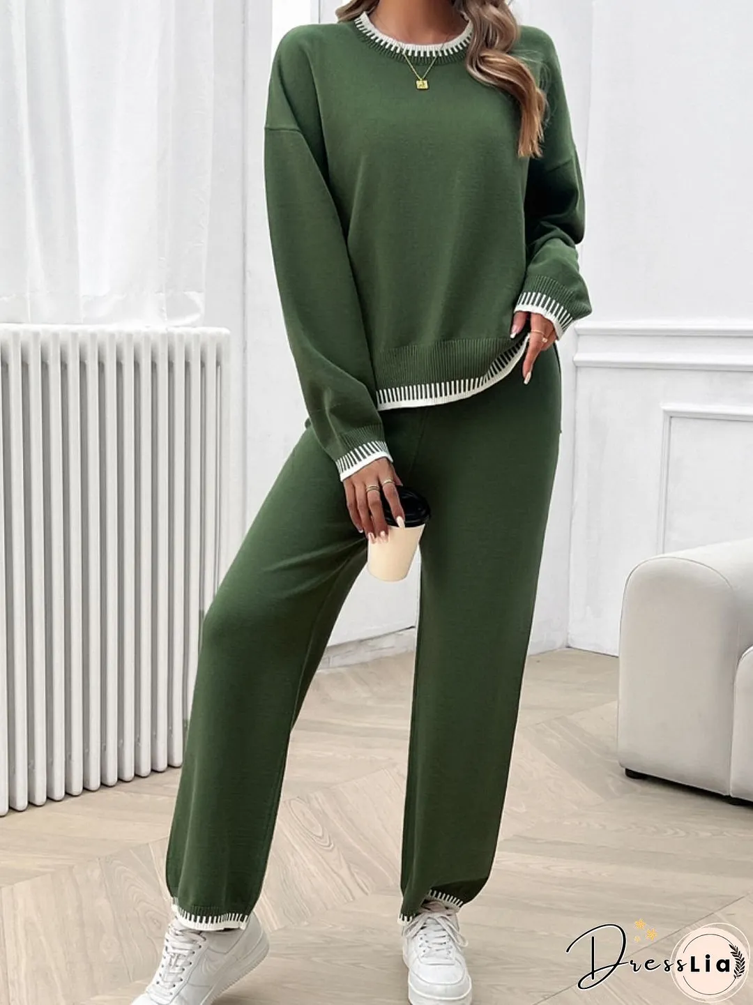 Round Neck Dropped Shoulder Top and Pants Sweater Set